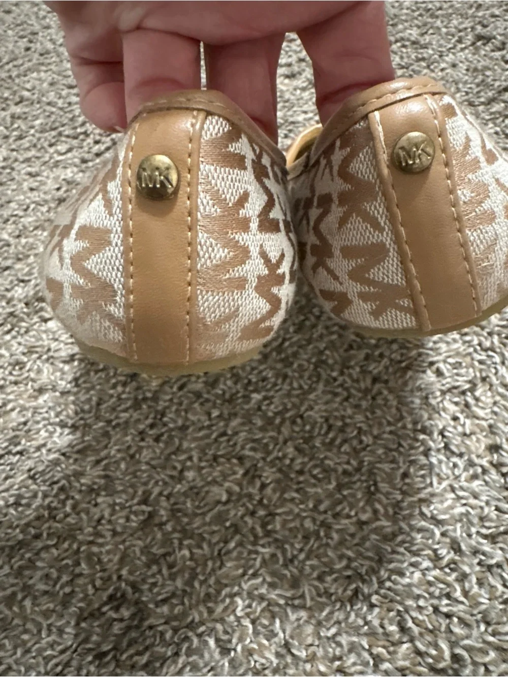 Michael Kors Beige Logo Jacquard Ballet Flats with Gold MK Medallion